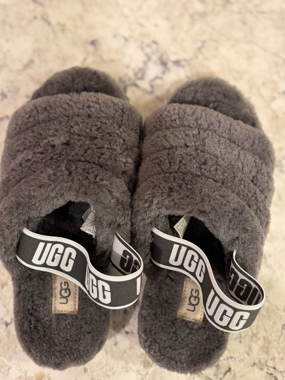 UGG Plush Shearling Slide Slippers in Charcoal Gray